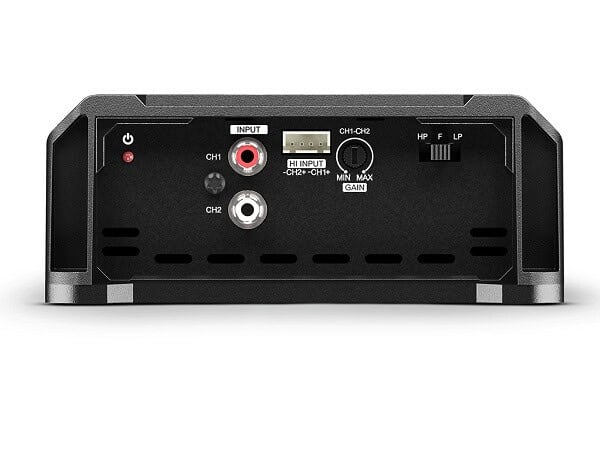 Car-Audio Verstärker Rückseite mit Anschlüssen und Reglern.