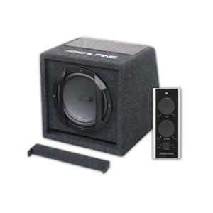 Alpine Subwoofer im Gehäuse mit Fernbedienung für Car-Audio-Systeme.