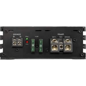 Verstärker mit Lautsprecher- und Stromanschlüssen für Car-Audio-Systeme.