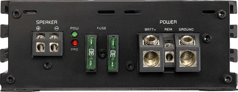 Verstärker mit Lautsprecher- und Stromanschlüssen für Car-Audio-Systeme.