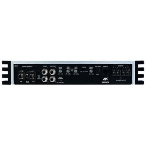 Verstärker Rückseite mit Anschlüssen für Car-Audio-Systeme, inklusive Eingänge, Ausgänge und Steuera.